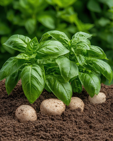 Fresh basil plants growing in rich soil with eggshells for fertilizerの素材