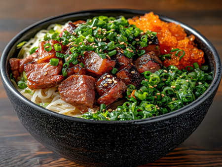 Delicious grilled beef bowl with rice, seaweed salad, and sesame seedsの素材