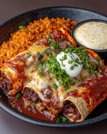 Delicious beef enchiladas with rice and sour creamの素材