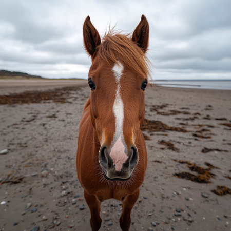 Close-up of a chestnut horse on a beachの素材