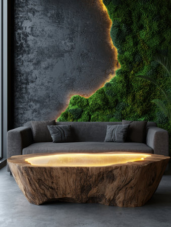 Modern living room interior with illuminated coffee table and green wallの素材