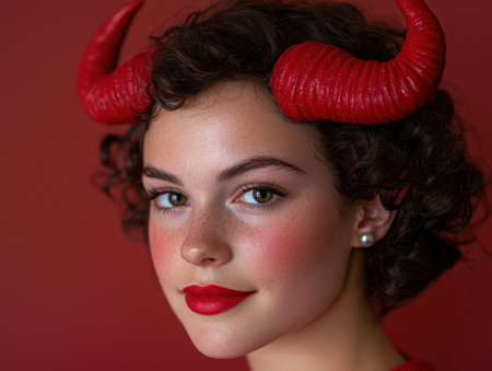 Close-up portrait of a young woman with devil horns and red lipstickの素材