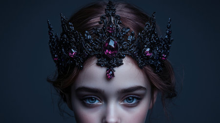 Close-up portrait of a young woman wearing a dark, ornate crown with purple gemsの素材