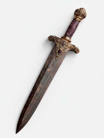 Ornate dagger with jeweled hilt on white backgroundの素材