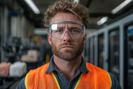 Portrait of a focused male factory worker wearing safety glasses and a high-visibility vestの素材