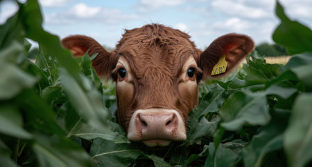 Close-up of a curious brown cow peeking through green leavesの素材