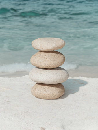 Stack of stones on a beach, zen stones, balance, meditation, mindfulnessの素材