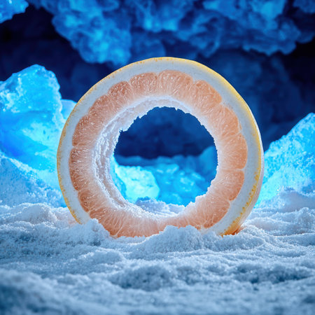 Grapefruit ring in a snowy landscape, creative food photographyの素材