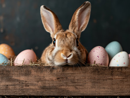 Adorable bunny peeking out from a wooden crate filled with Easter eggsの素材