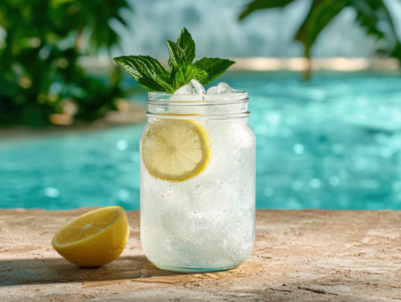 Refreshing lemonade in mason jar by the poolの素材
