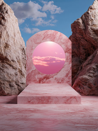 Pink marble podium with a circular window showcasing a sunset sky, set against a rocky landscape.の素材