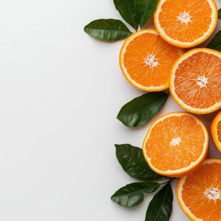 Orange slices with leaves on white backgroundの素材