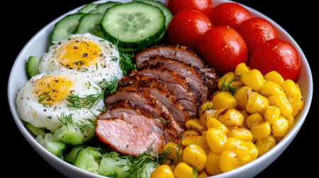 Delicious and healthy meal prep bowl with grilled pork tenderloin, eggs, corn, cucumber, and tomatoesの素材