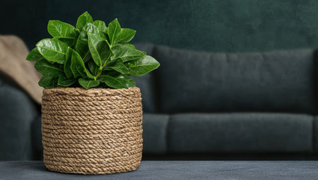 Green plant in a rope basket on a table in a living roomの素材