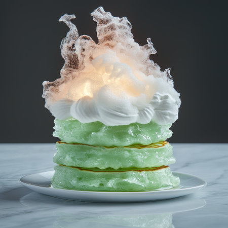 Whimsical dessert with fluffy meringue and green pancakesの素材