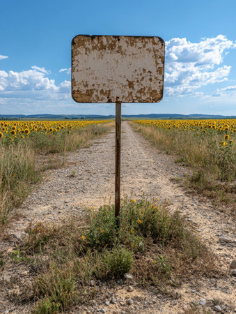 Rustic blank signpost in a sunflower fieldの素材
