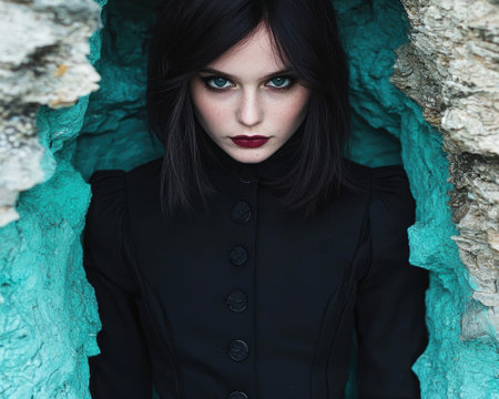 Mysterious Woman in Black Dress Posing in a Rocky Creviceの素材
