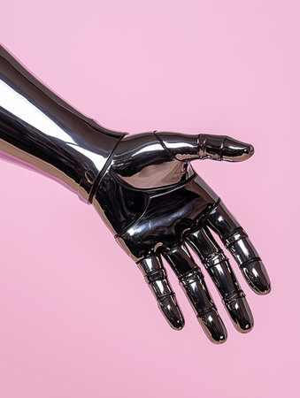 Metallic robotic hand reaching out on pink backgroundの素材