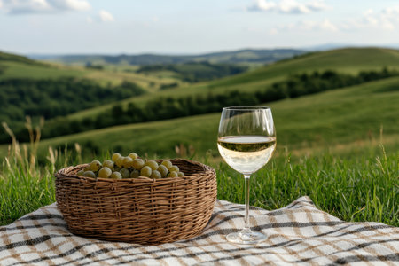 Glass of white wine and grapes on a picnic blanket overlooking rolling hillsの素材