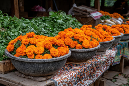 Vibrant orange marigolds in rustic market bowlsの素材