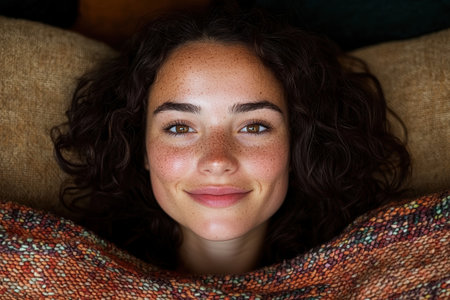 Close-up portrait of a young woman with freckles, smiling gently, lying under a cozy blanket.の素材