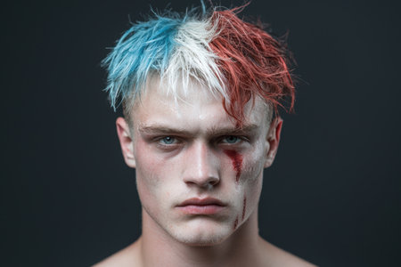 Close-up portrait of a young man with blue, white, and red hair and face paintの素材