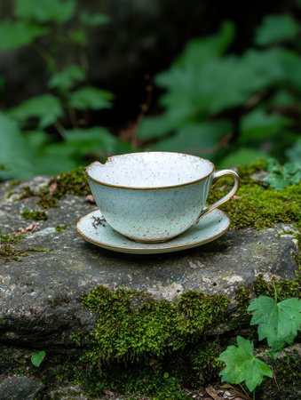 Teacup and saucer on mossy rockの素材