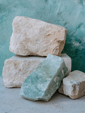 Rough textured stones on a teal backgroundの素材