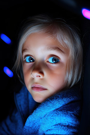 Close-up portrait of a little girl with big blue eyes, looking at the cameraの素材