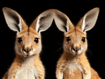 Two adorable red kangaroo joeys looking at the cameraの素材
