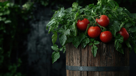Fresh red tomatoes growing in a wooden barrelの素材