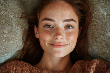 Close-up portrait of a young woman with freckles and a gentle smileの素材