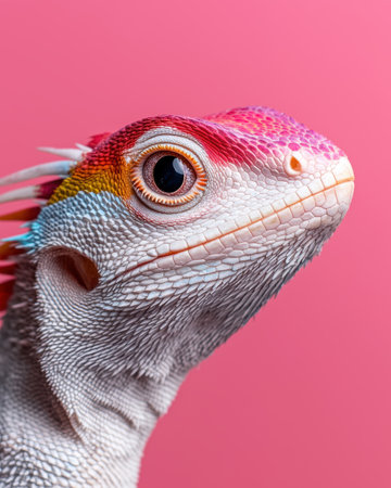Close-up of a vibrant lizard with rainbow scales against a pink backgroundの素材
