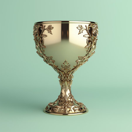 Ornate golden chalice on a mint green backgroundの素材