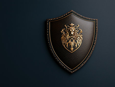 Ornate golden lion emblem on a dark brown leather shieldの素材