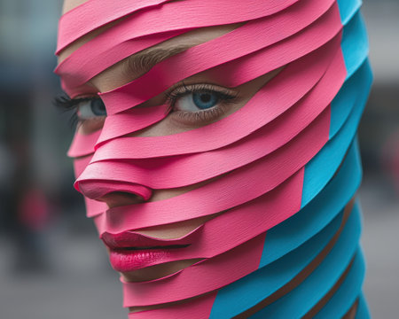 Abstract portrait of a woman's face covered in pink and blue paper stripsの素材