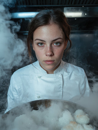 Female chef preparing food with dry ice in a restaurant kitchenの素材