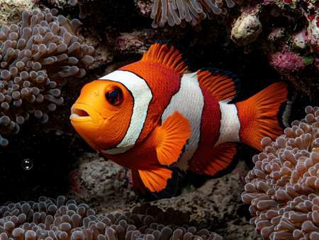Close-up of a vibrant orange and white clownfish swimming amidst sea anemonesの素材