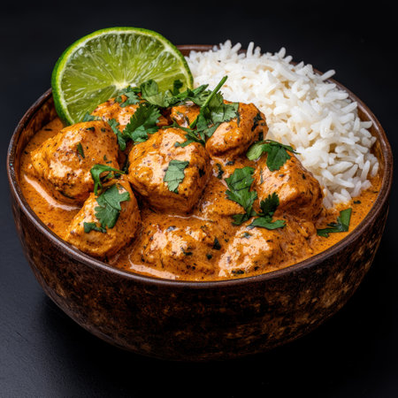Delicious chicken tikka masala with rice and limeの素材