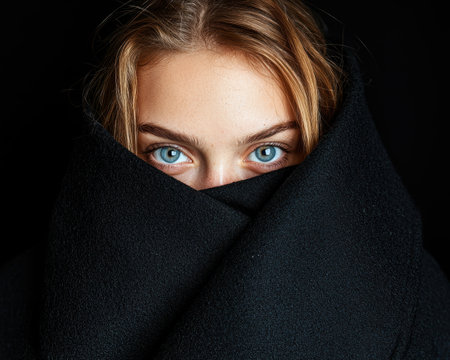 Mysterious woman hiding behind black fabric, blue eyes peeking throughの素材