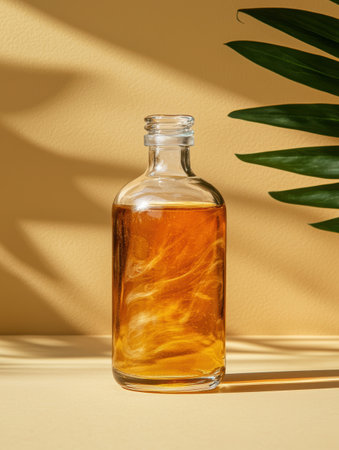 Amber essential oil in a glass bottle on a beige backgroundの素材
