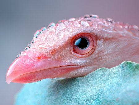 Close-up of a pink bird with water droplets on its feathersの素材