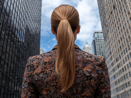 Businesswoman standing with her back to the camera, looking at skyscrapers in a city.の素材