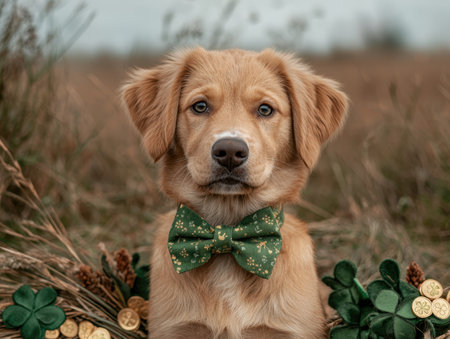Adorable Golden Retriever Puppy Wearing a Green Bow Tie for St. Patrick's Dayの素材