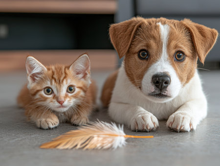 Adorable ginger kitten and Jack Russell puppy playing togetherの素材