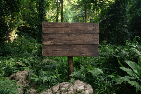 Blank wooden signpost in a lush green forestの素材
