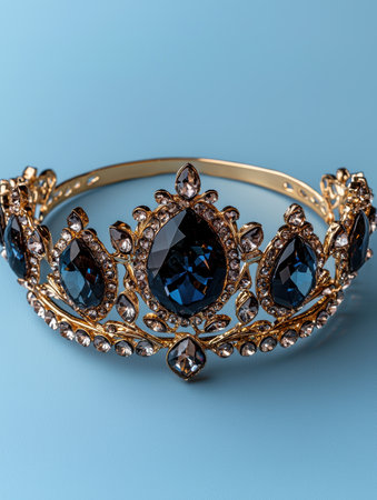 Luxury gold and blue jeweled crown on blue backgroundの素材
