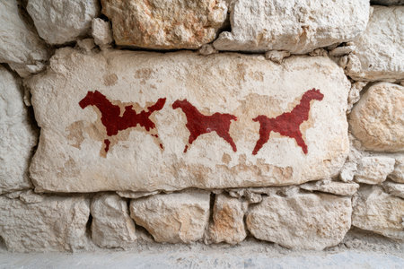 Ancient cave painting of three horses on a stone wallの素材