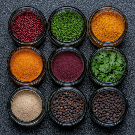 Assortment of spices in glass jars on dark backgroundの素材
