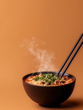 Steaming bowl of spicy noodles with chopsticksの素材